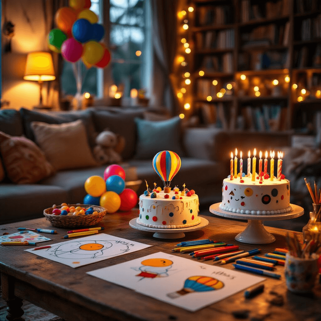 Cinematic close-up of a whimsical children's birthday party featuring a DIY balloon art station with colorful supplies on a rustic coffee table, vibrant balloons, a custom birthday cake with balloon decorations, and cheerful decor illuminated by fairy lights in a cozy living room.