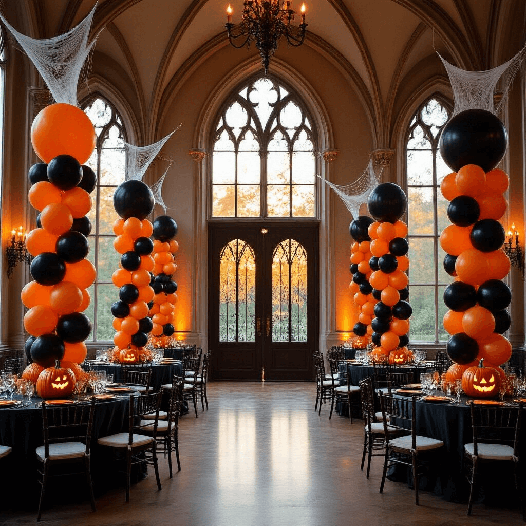 A wide-angle view of an elegant indoor ballroom transformed for Halloween, featuring gothic windows, towering black and orange balloon columns, mahogany tables with pumpkin centerpieces, and cascading balloon garlands under crystal chandeliers, all illuminated by warm golden hour light.