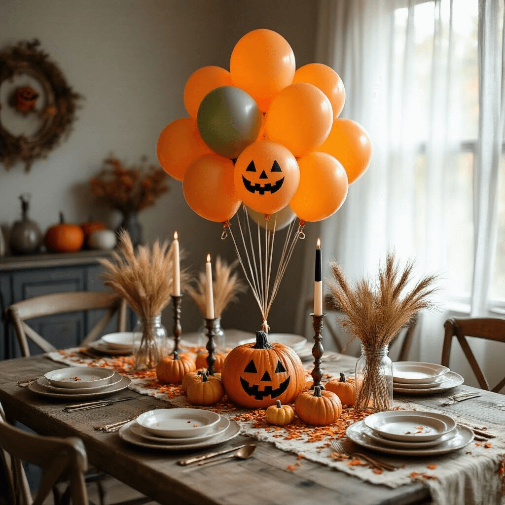 Overhead view of a Halloween-themed dining nook featuring a rustic wood table with an elaborate balloon centerpiece, cream ceramic plates, vintage brass candlesticks, miniature pumpkins, and softly glowing ghost balloons, all illuminated by morning light.