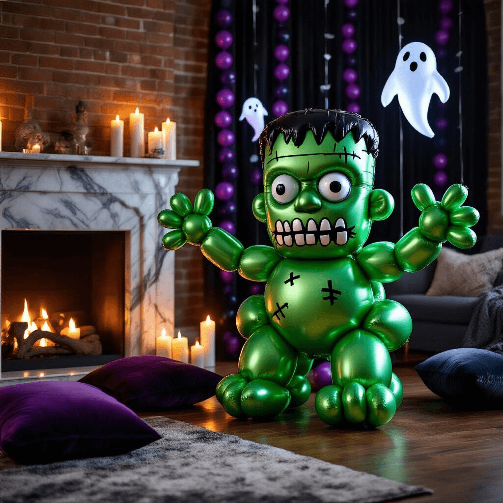 Cinematic close-up of a modern apartment living room featuring a DIY Frankenstein balloon sculpture beside a marble fireplace, oversized green foil balloons forming the monster's head and torso, silver mylar balloon arms, detailed with black marker, surrounded by eerie LED ghost balloons, black and purple balloon garland, jewel-toned velvet cushions, and flickering glass hurricane candles in a moody Halloween setting.
