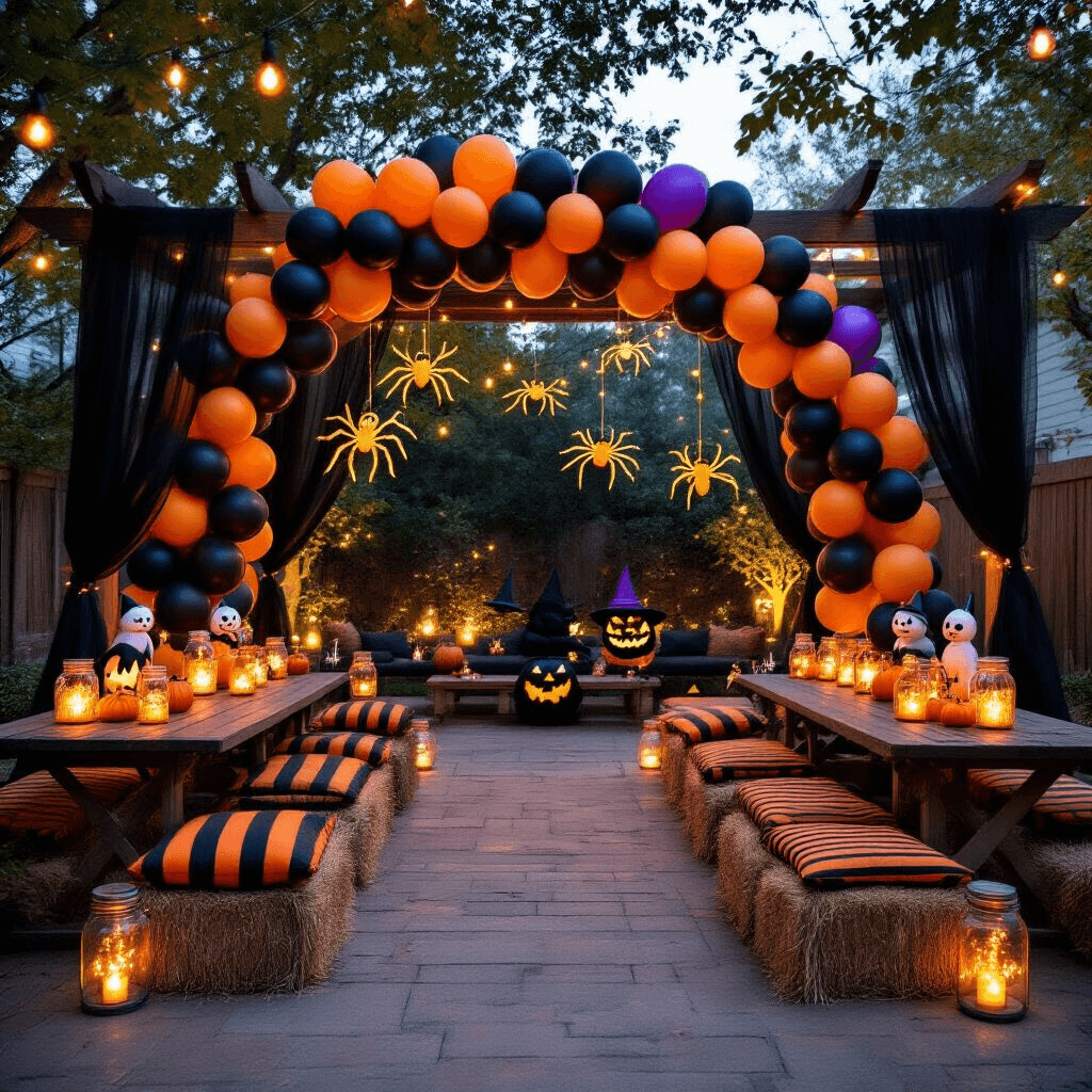 A stylish backyard Halloween party at night with a 12-foot balloon arch in matte black, burnt orange, deep purple, and metallic gold, featuring foil balloons of black cats and witches. String lights add a magical glow, with spider balloon sculptures and rustic wooden tables surrounded by hay bales. Mason jar centerpieces with LED balloons illuminate the setting, and a photo booth area has a coordinating balloon wall backdrop. Carved pumpkins with flickering candles line the gravel paths, all under warm amber Edison bulb lights.