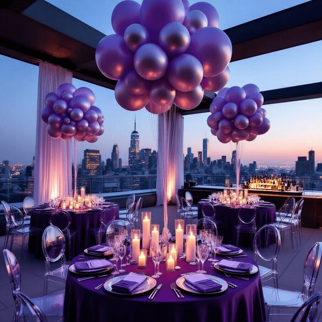 Cinematic view of a luxurious rooftop terrace celebration at night, featuring sophisticated lavender and silver balloon installations against a city skyline, with elegantly set round glass tables in deep purple and silver, surrounded by ghost chairs, and illuminated by pillar candles and uplighting. A modern bar cart with balloon garlands and crystal glassware adds contemporary flair, framed by sheer drapery panels and balloon clusters anchored by metallic weights.
