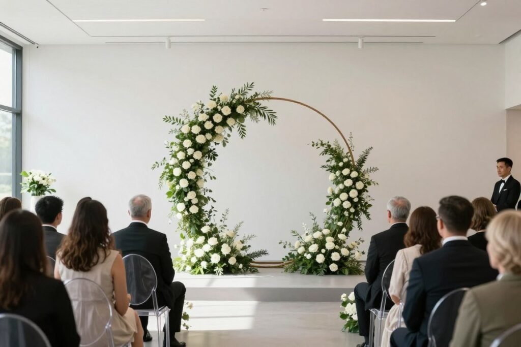 A minimalist wedding ceremony with a large circular metal statement backdrop adorned with white roses and greenery in a modern gallery space