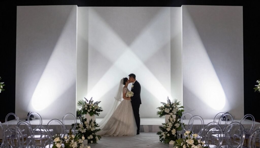 A modern wedding ceremony with a statement backdrop created by projected light patterns on a white wall, creating a geometric design