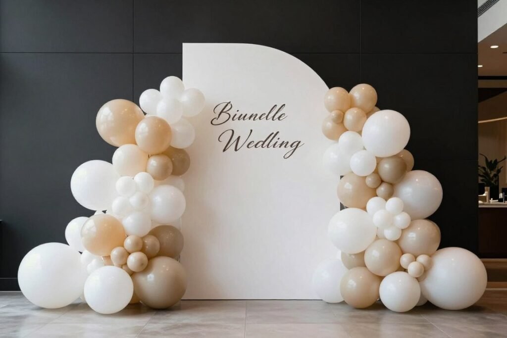 A sophisticated statement wedding backdrop featuring an architectural installation of white, cream and champagne balloons in varying sizes against a modern black wall
