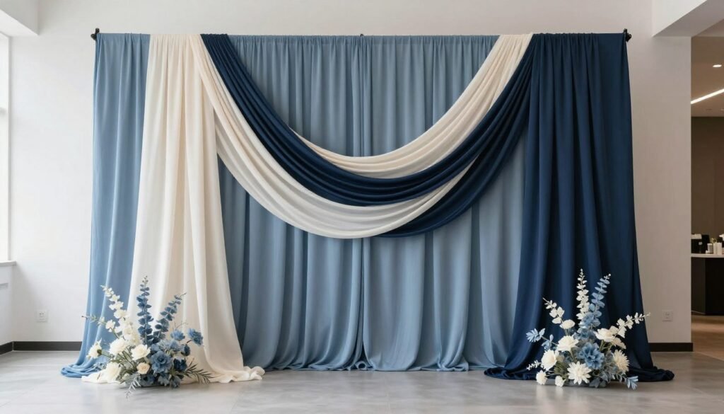 A statement wedding backdrop featuring a monochromatic color scheme in shades of dusty blue, from pale powder to deep navy, using fabric draping and minimal florals