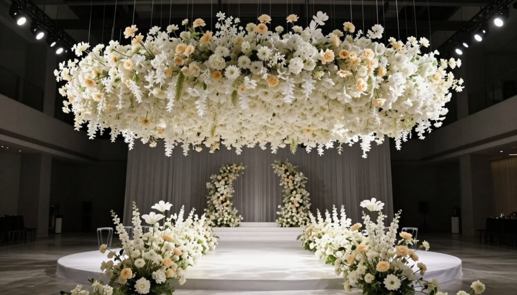 A statement wedding backdrop featuring a suspended cloud of white and cream flowers floating above a minimalist ceremony space in a modern venue