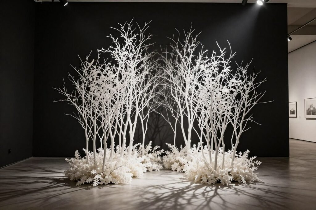 A statement wedding backdrop featuring bleached white branches arranged in a sculptural installation against a dark wall in a modern gallery space
