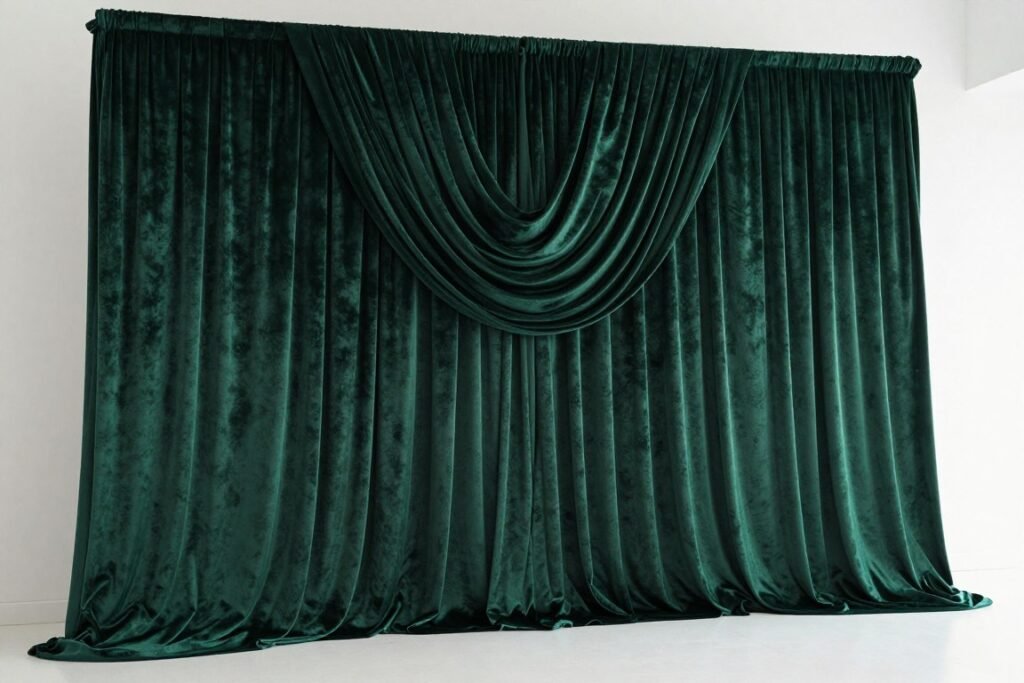 A statement wedding backdrop featuring floor-to-ceiling emerald green velvet drapery creating a dramatic wall in a modern white venue
