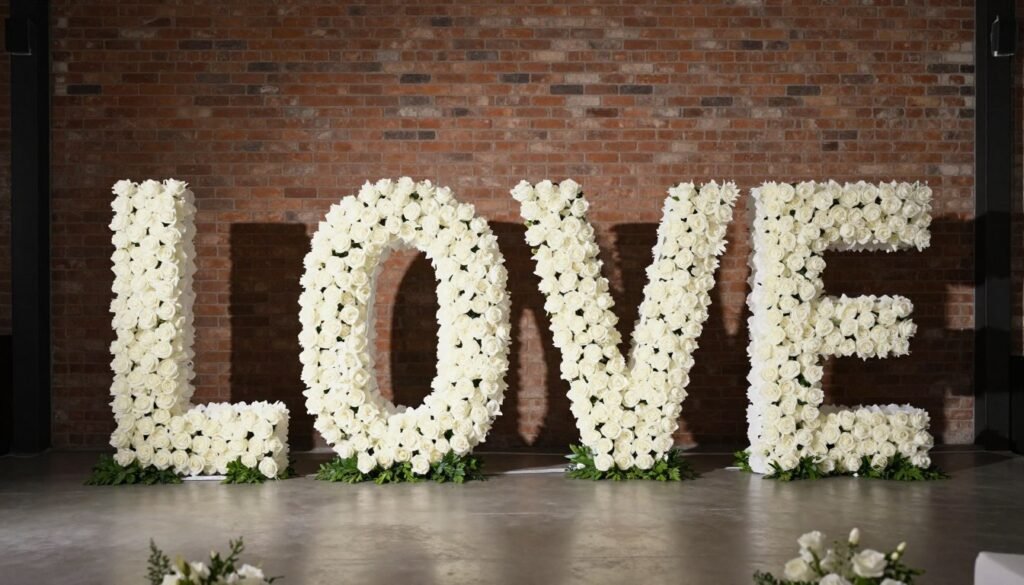 A statement wedding backdrop featuring oversized floral letters spelling 'LOVE' made from white roses and greenery in a modern loft space