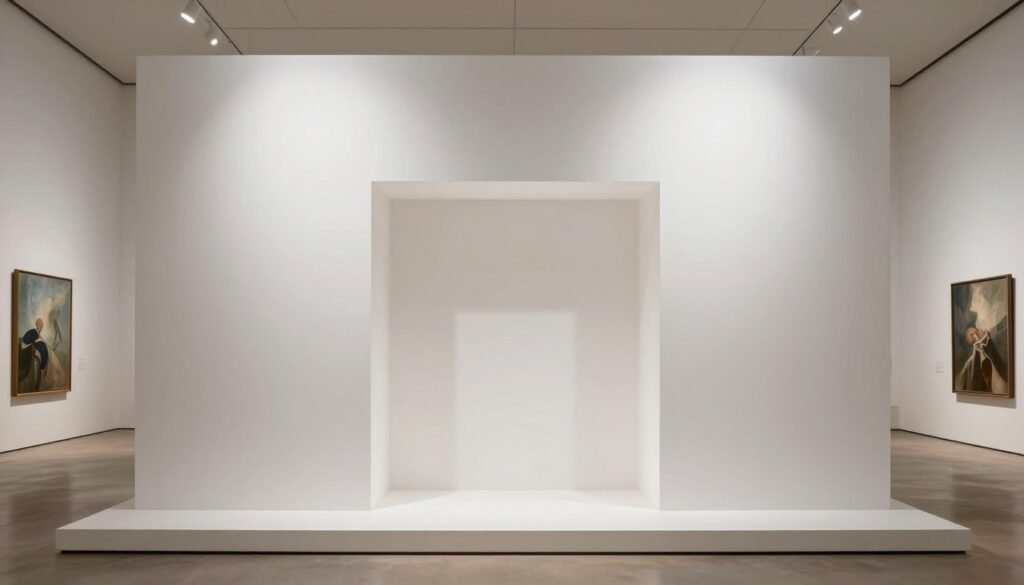A statement wedding backdrop in an art gallery featuring a minimalist white geometric structure with strategic lighting highlighting its architectural form
