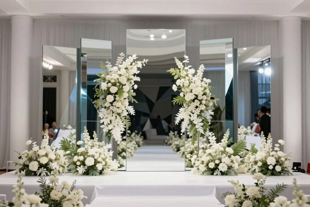 A statement wedding backdrop made of geometric mirrored panels reflecting light and flowers in a modern white venue space