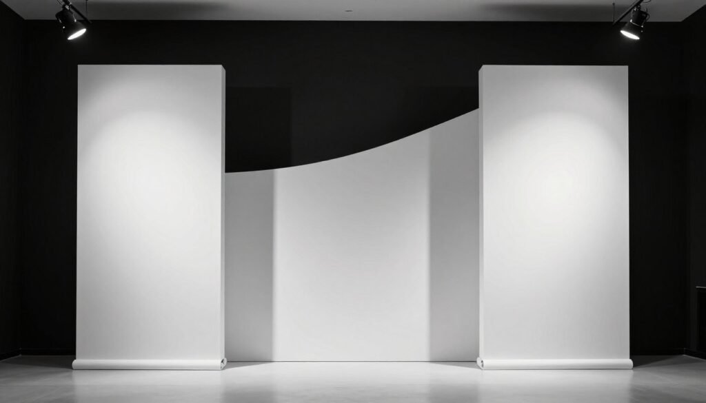 A statement wedding backdrop with minimalist white fabric waves creating architectural shapes against a black wall in a modern venue