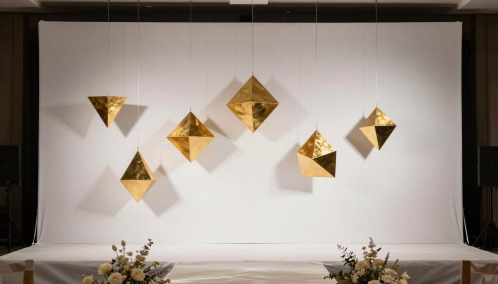 A statement wedding backdrop with suspended gold geometric shapes hanging at different heights against a white wall in a modern venue