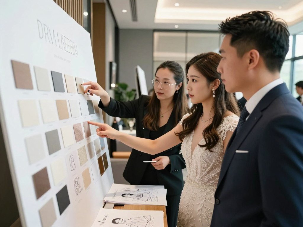 A wedding planner discussing statement backdrop options with a couple in a modern venue, pointing to material samples and design sketches