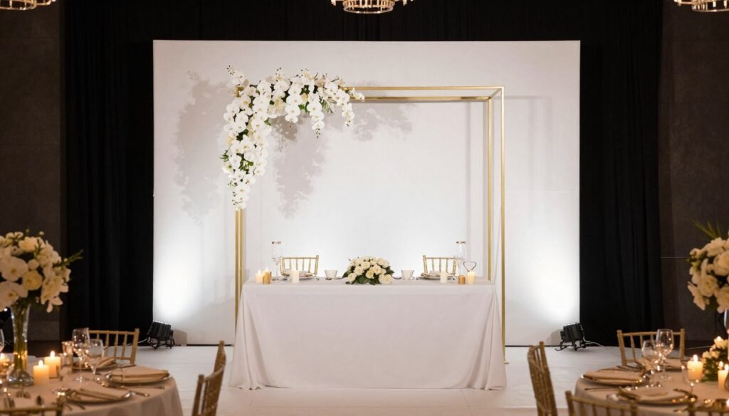 A wedding reception featuring a statement backdrop behind the sweetheart table with a geometric gold frame and cascading white orchids in a modern venue