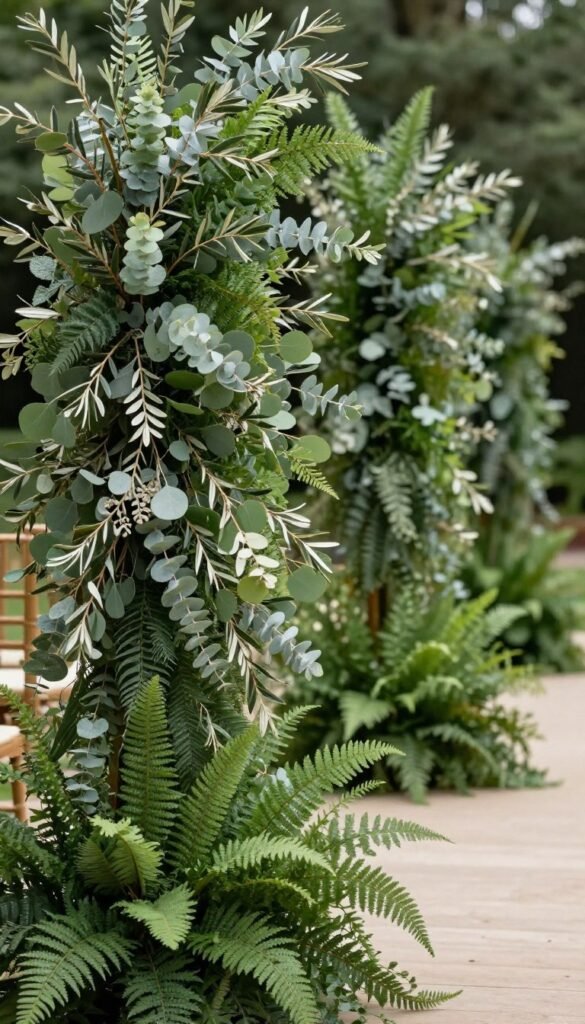 All-greenery wedding aisle with mixed foliage varieties