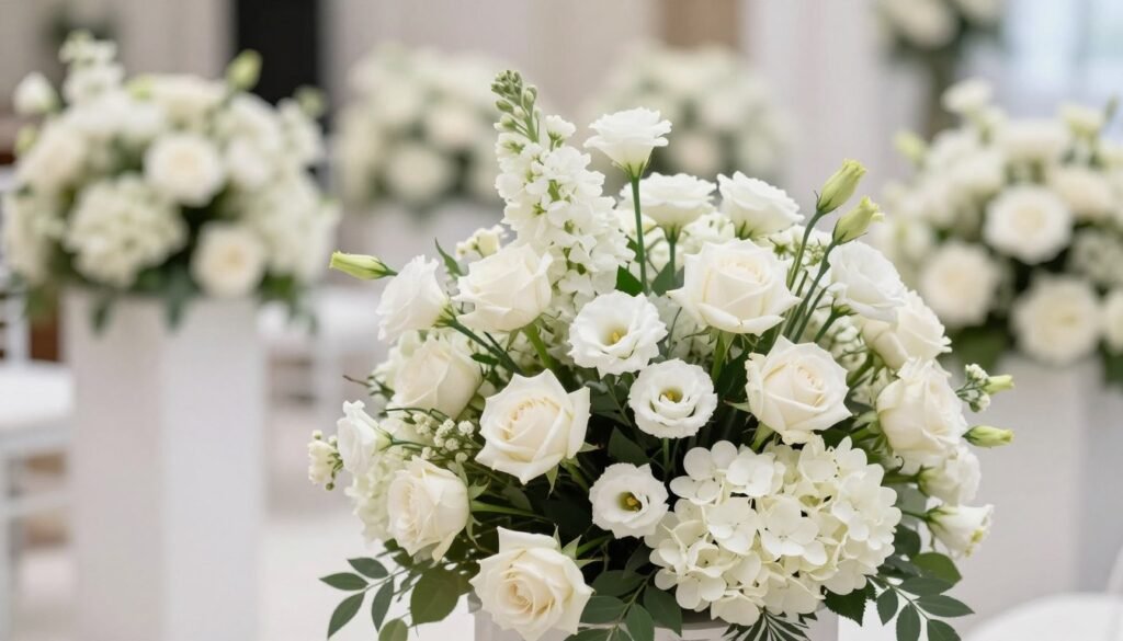 All-white wedding aisle with mixed white flower varieties