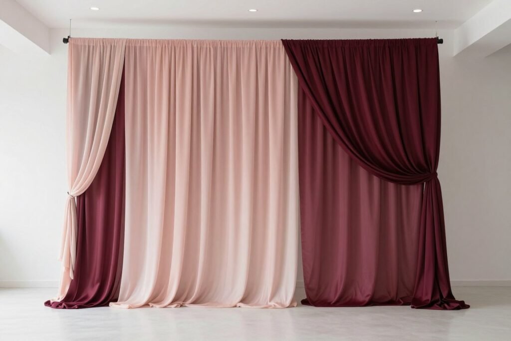 An ombré fabric wedding backdrop transitioning from blush to deep burgundy with soft draping in a modern white venue