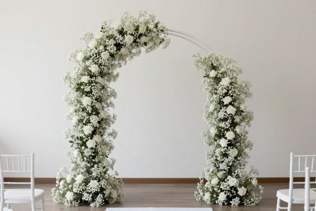 Asymmetrical baby's breath wedding ceremony arch