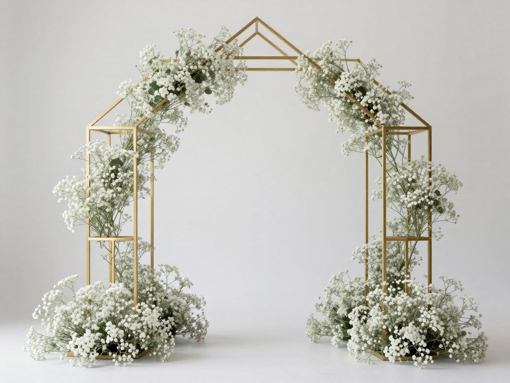 Baby's breath arranged in a gold geometric frame structure