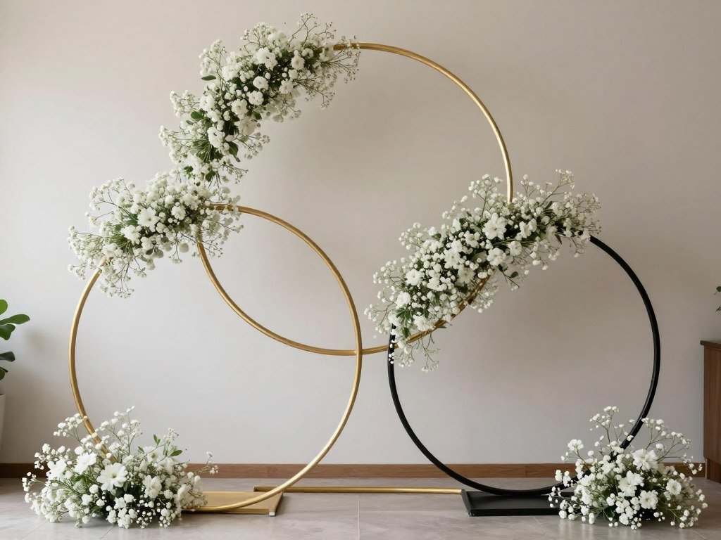 Baby's breath arranged on minimal metal hoops for modern installation
