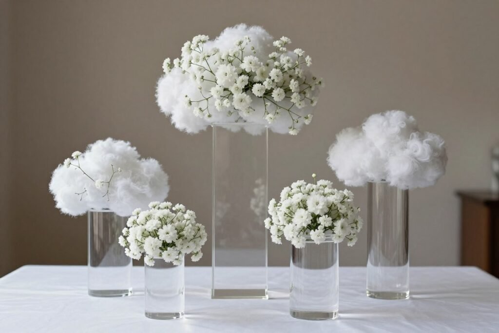 Baby's breath arrangements on clear lucite pedestals