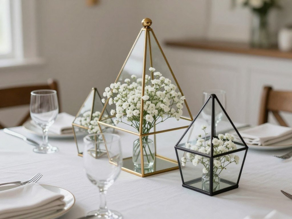 Baby's breath in geometric glass terrariums as modern centerpieces