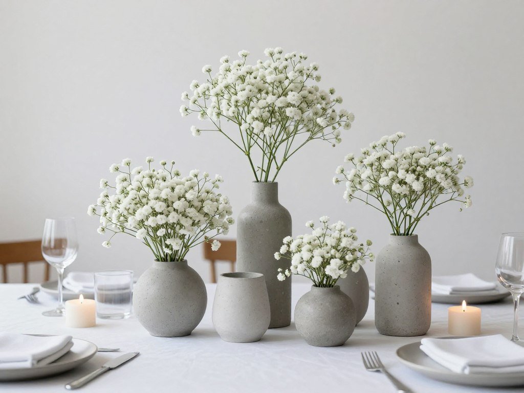 Baby's breath in modern concrete vessels as table centerpieces