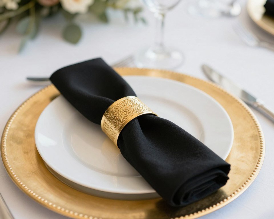 Black cloth napkin with gold napkin ring on white plate