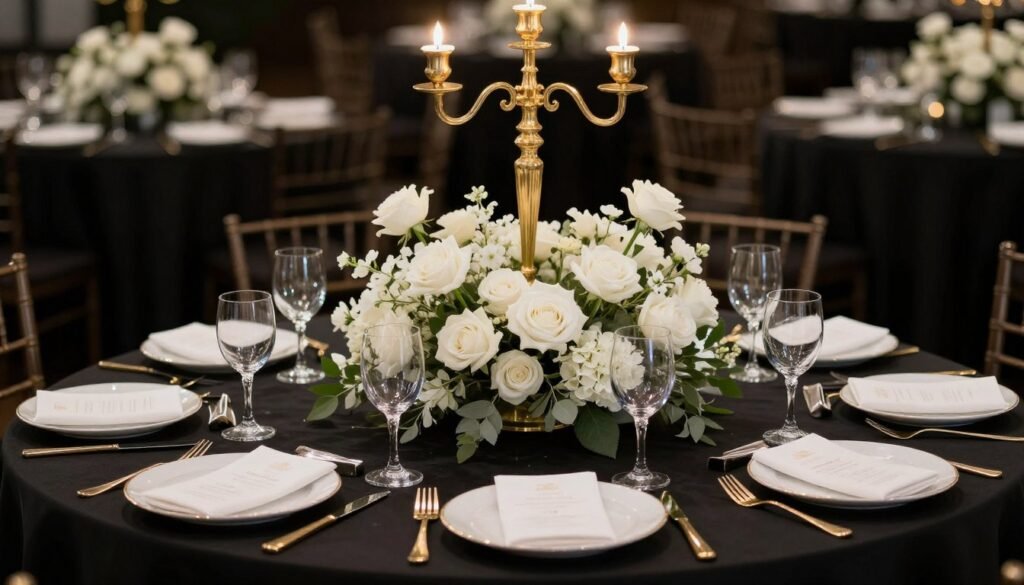 Black tablecloth with white floral centerpiece creating dramatic contrast