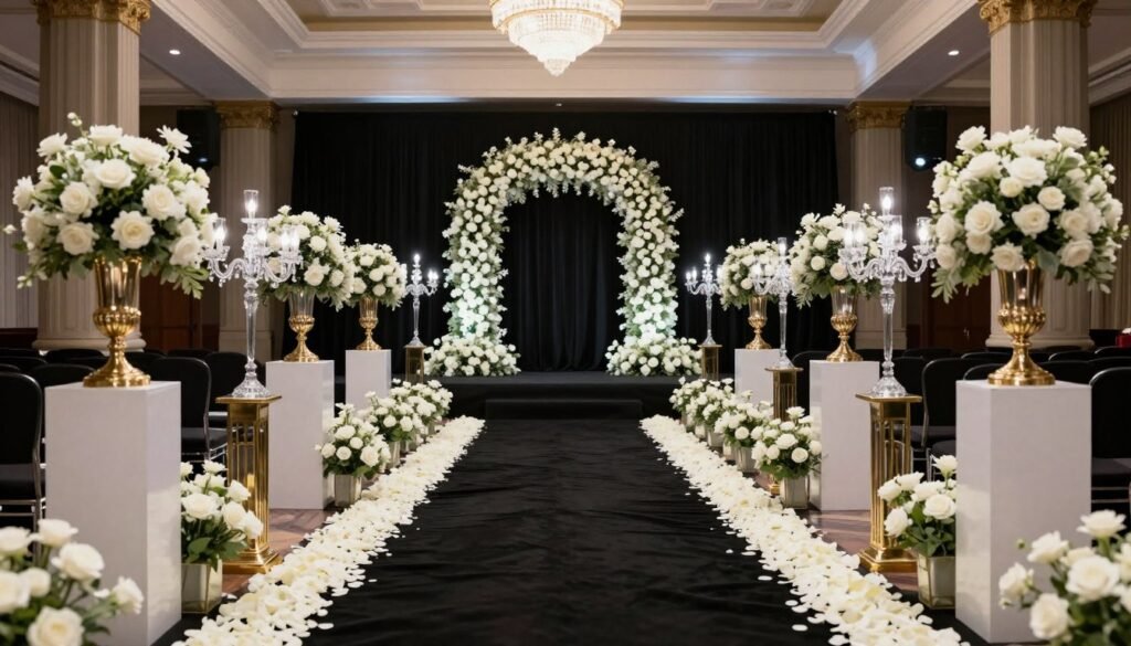 Black tie wedding ceremony setup with formal symmetrical styling