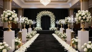Black Tie Wedding Décor Ideas (Elegant & Formal Luxury Inspiration for 2026) Black tie wedding ceremony setup with formal symmetrical styling