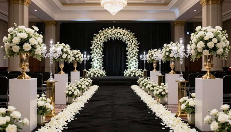 Black tie wedding ceremony setup with formal symmetrical styling
