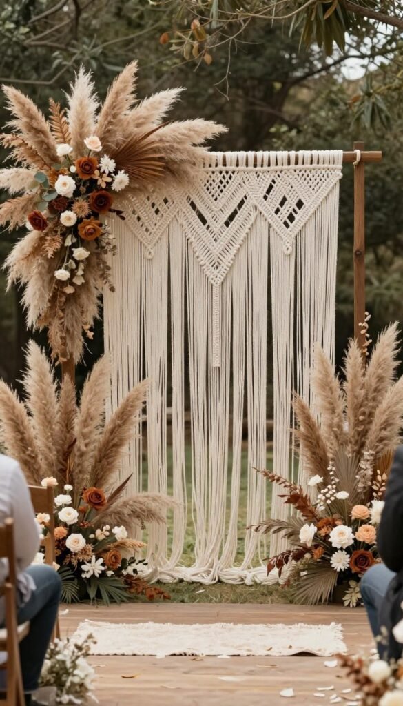 Bohemian wedding arch with macrame backdrop and pampas grass for romantic ceremonies Bohemian wedding arch with macrame backdrop and pampas grass for romantic ceremonies