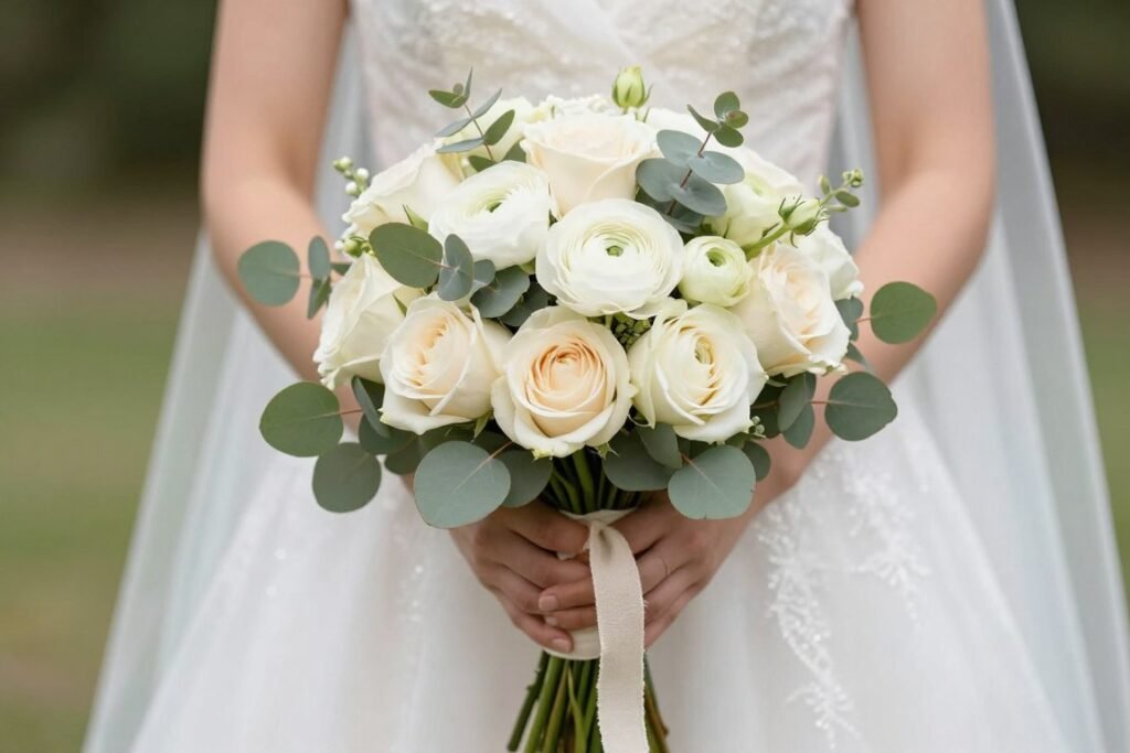 Bride holding cream rose bouquet
