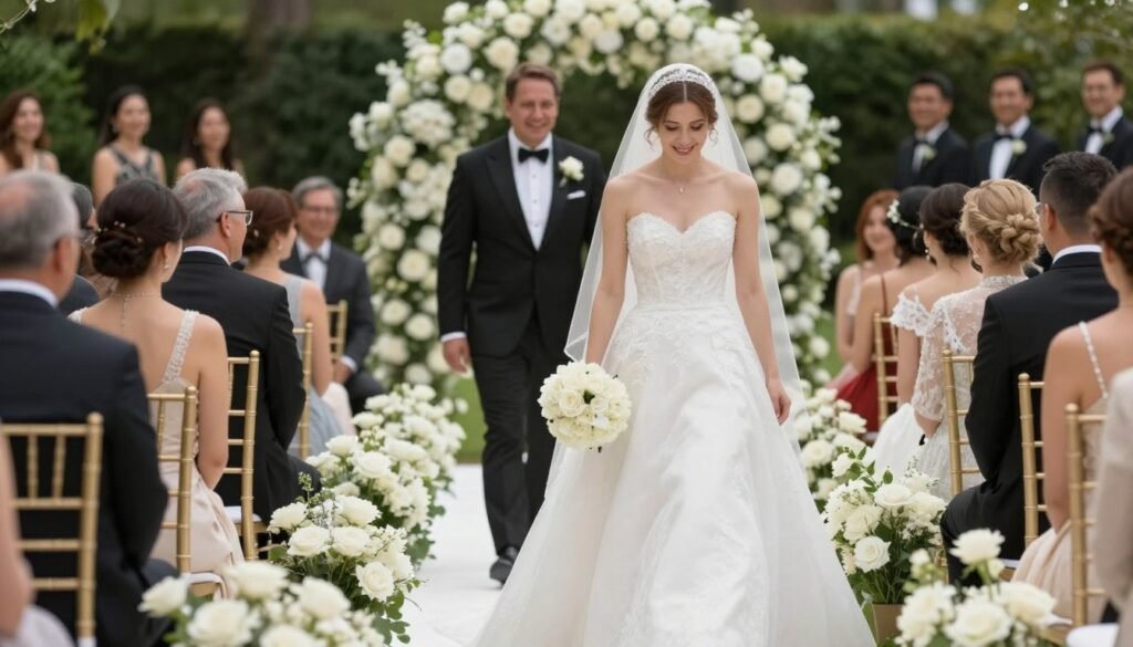 Bride walking down elegant floral wedding aisle with guests seated on both sides