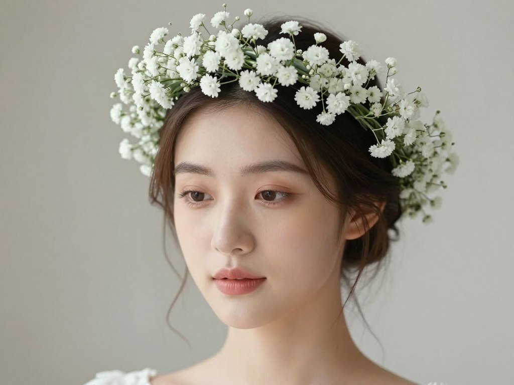 Bride wearing a minimalist flower crown with small white blooms
