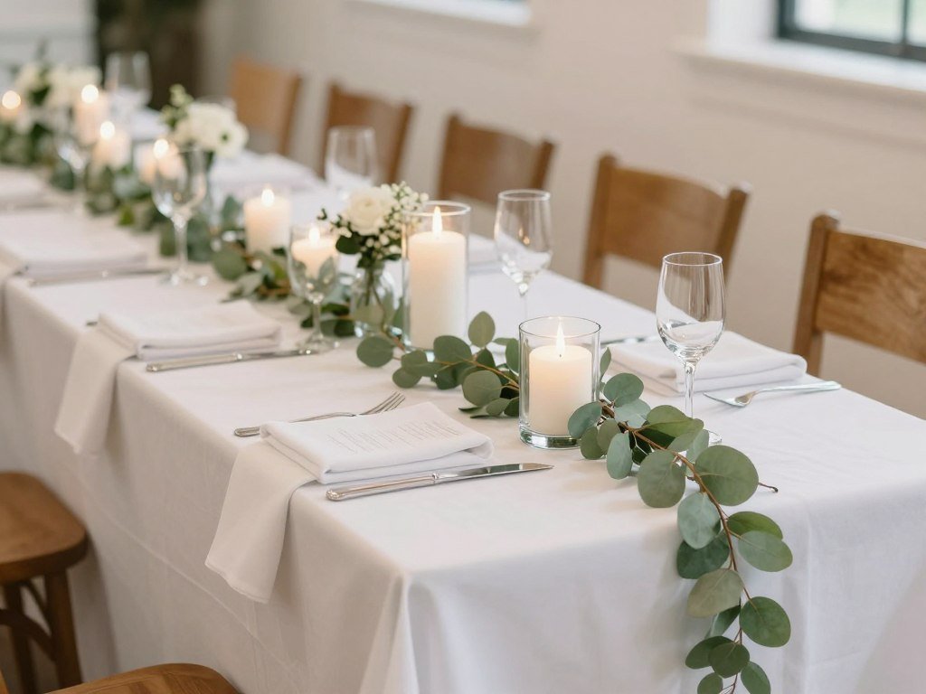 Budget-friendly wedding reception table with greenery and candles