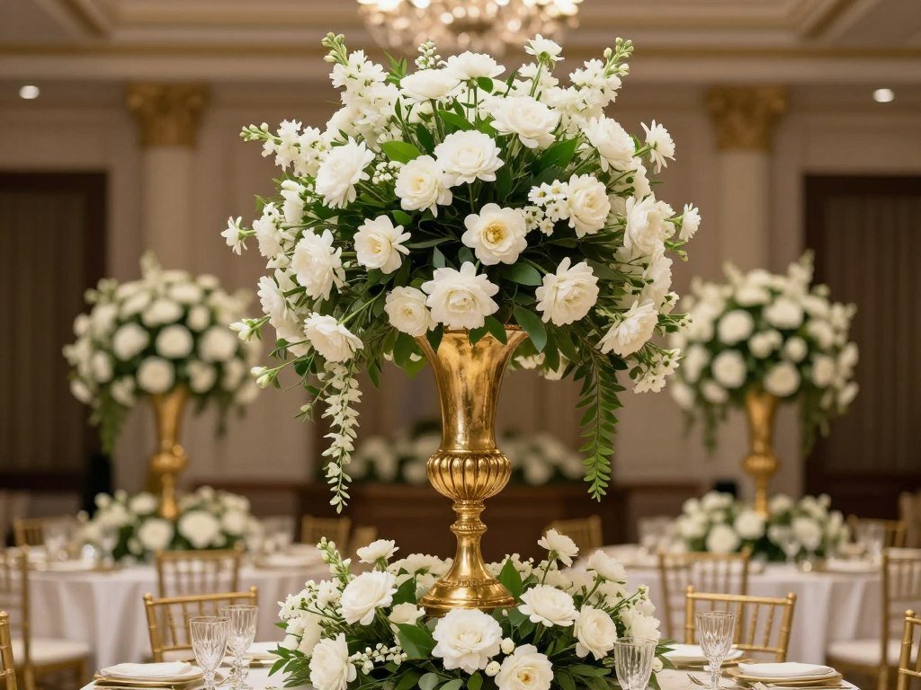 Cascading floral centerpiece overflowing vessel