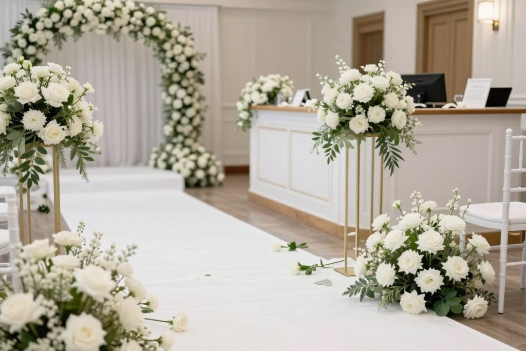 Ceremony aisle flowers relocated to reception bar