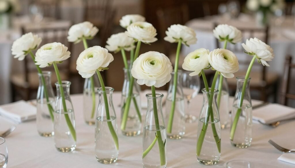Clustered bud vase installation with single stems creating collective impact