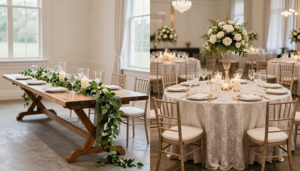 Comparison of long farm tables and round tables at wedding receptions