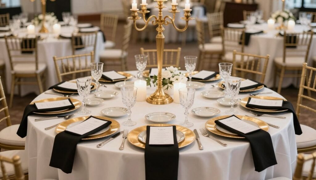 Complete black tie wedding tablescape with layered elements