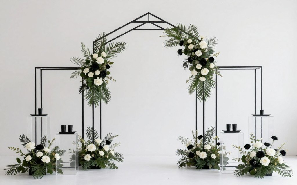 Contemporary modern black tie wedding décor with geometric elements