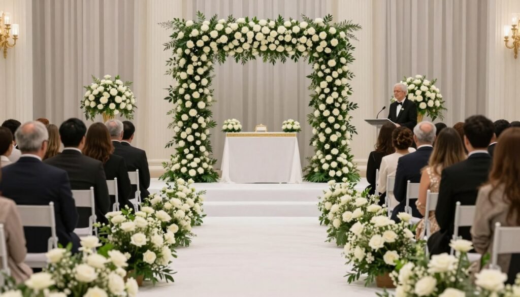 Coordinated wedding aisle and arch with matching flowers