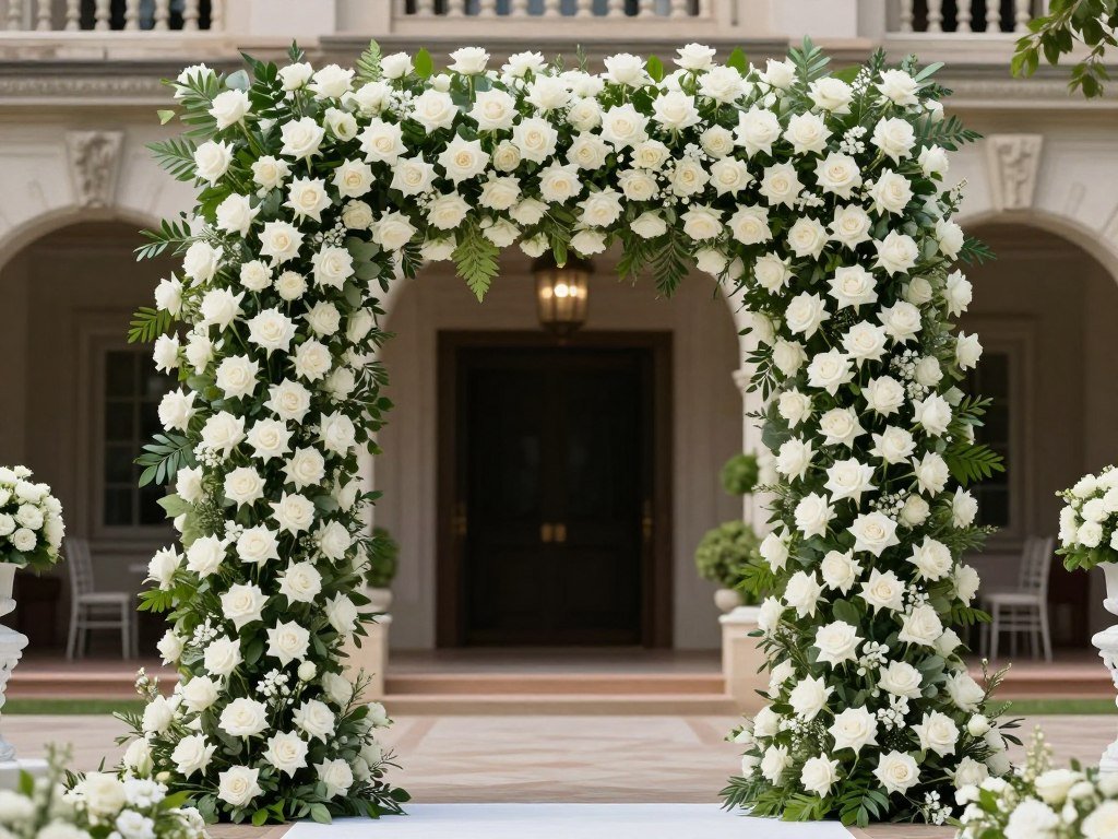 Dramatic floral installation at wedding aisle entrance