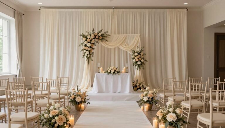 Elegant neutral wedding ceremony with ivory draping and soft candlelight