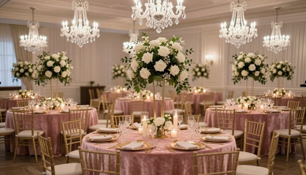 Elegant wedding reception with luxury décor including crystal chandeliers, velvet linens, and candlelit tables