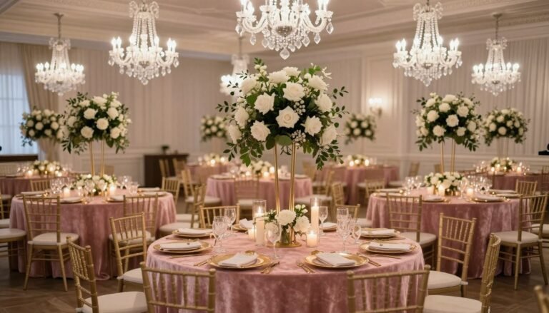 Elegant wedding reception with luxury décor including crystal chandeliers, velvet linens, and candlelit tables